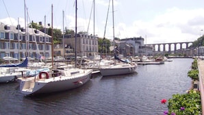 Een jachthaven met verschillende zeilboten die afgemeerd liggen, een brug op de achtergrond en gebouwen langs de waterkant.