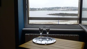 Een uitzicht op een wateroppervlak en een verre kustlijn.