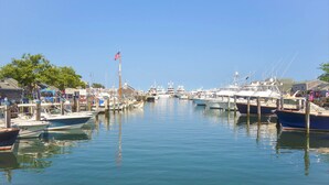Un port de plaisance avec des bateaux amarrés à des quais en bois, un ciel dégagé et un drapeau flottant sur l’un des bateaux.