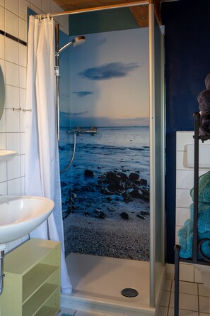 Shower, hair dryer, soap, toilet paper