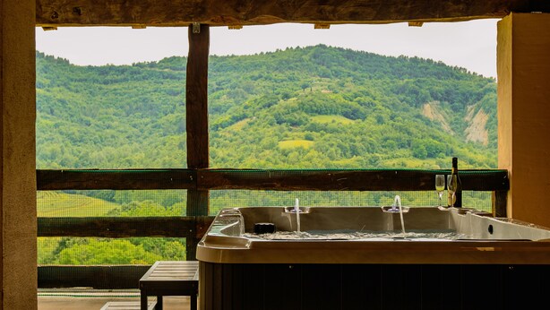 Un jacuzzi con vistas a una ladera boscosa.