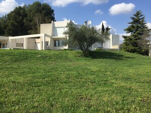 Situated on a serene grassy slope, this single-story building offers a peaceful retreat with a minimalist design.