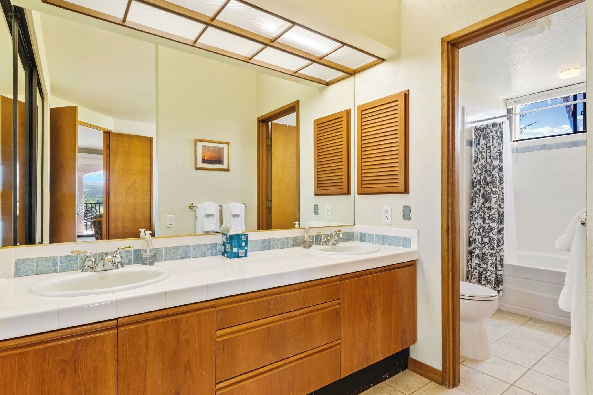 Combined shower/tub, hair dryer, towels