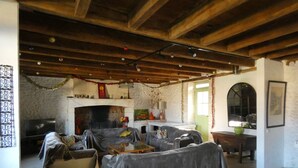 Una sala de estar con chimenea, un sofá, un televisor y un comedor.