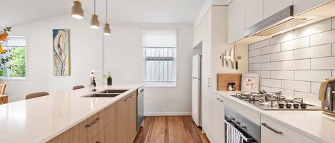 Fridge, microwave, oven, dishwasher