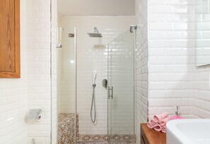 Shower, towels, soap, toilet paper