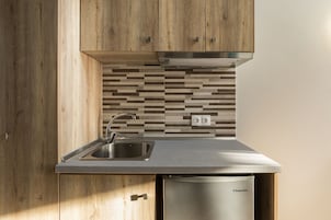 Frigobar, placa de cocina, tetera/pava eléctrica, utensilios de cocina