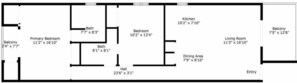 A floor plan with a primary bedroom, two bathrooms, a kitchen, a dining area, a living room, a balcony, a hall, and an entryway.