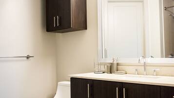 Combined shower/tub, hair dryer, towels, toilet paper