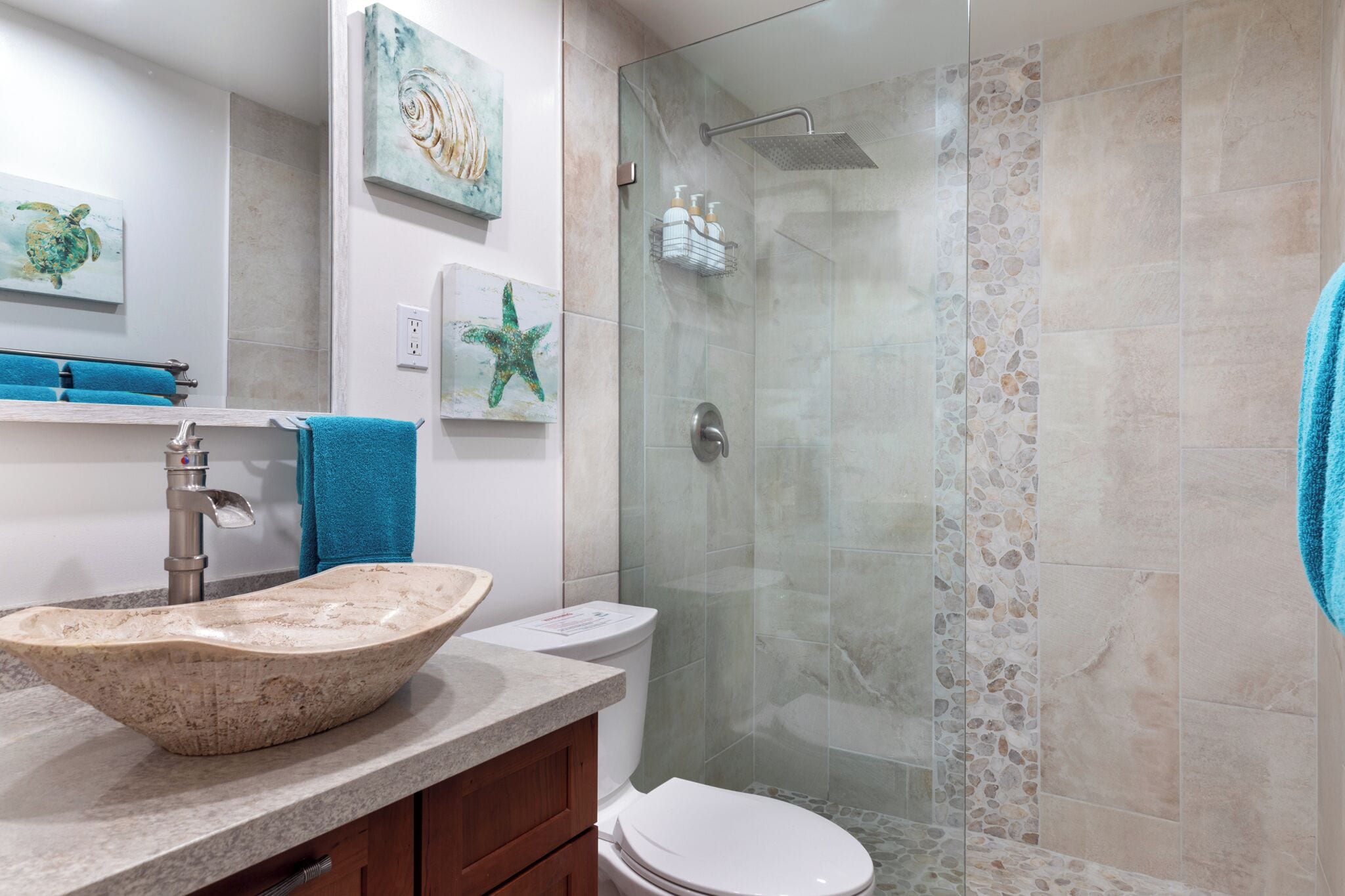 Hair dryer, towels, soap, shampoo