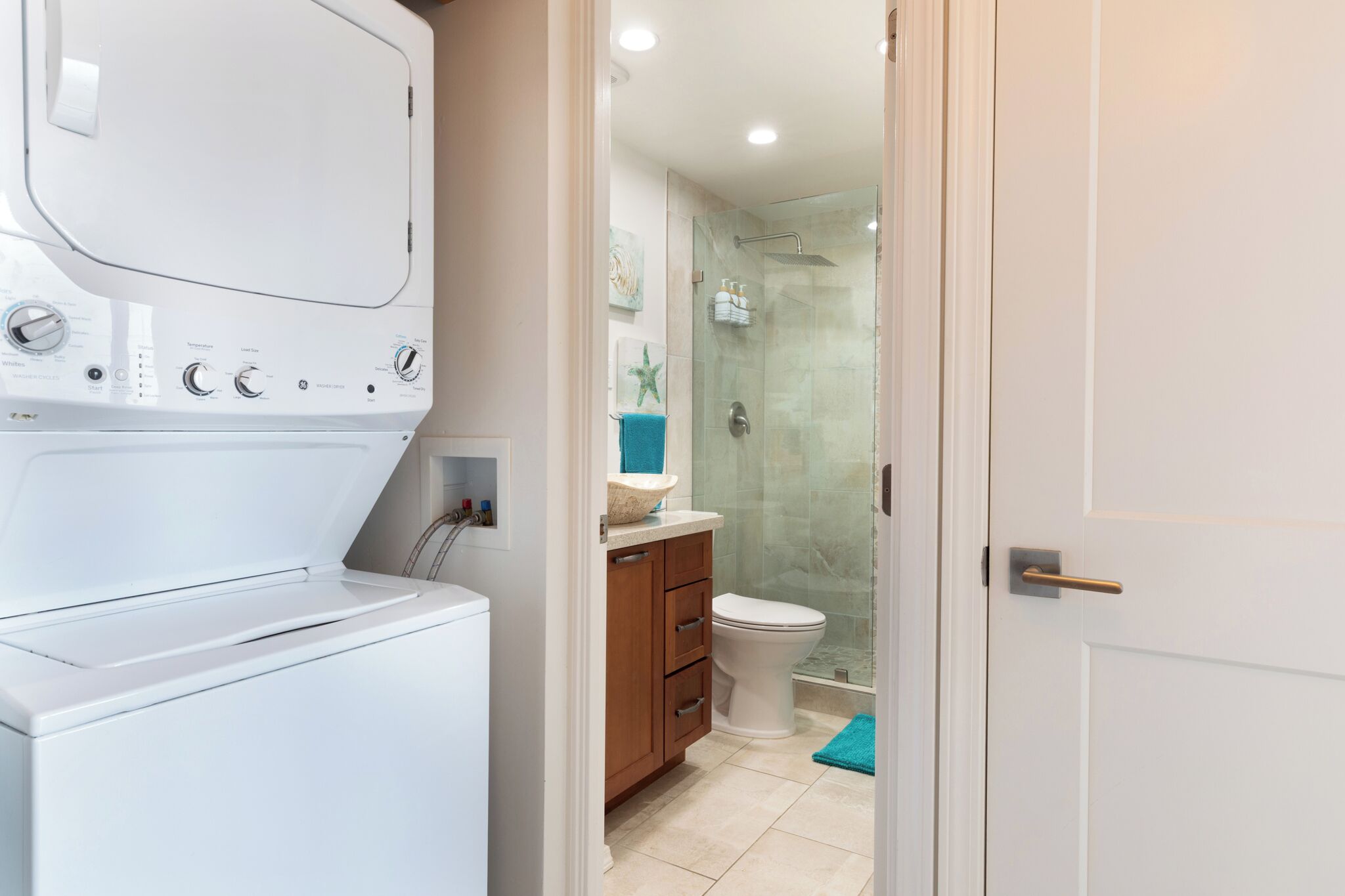 Hair dryer, towels, soap, shampoo