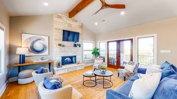 TV, fireplace, books