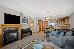 Smart TV, fireplace, books