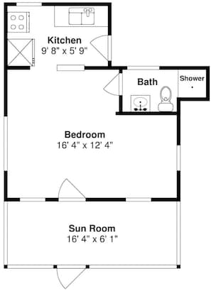 A floor plan with a kitchen measuring 9' 8' x 5' 9', a bedroom 16' 4' x 12' 4', a sun room 16' 4' x 6' 1', and a bathroom with a shower. - Walk Everywhere | Lake, Strip & Wineries (Geneva)