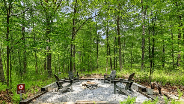 A circular fire pit with seating, surrounded by a stone border, in a forested area.