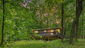 A cabin surrounded by dense forest with a wooden deck and a staircase leading to the entrance.