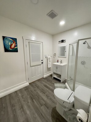 Shower, hair dryer, bidet, towels