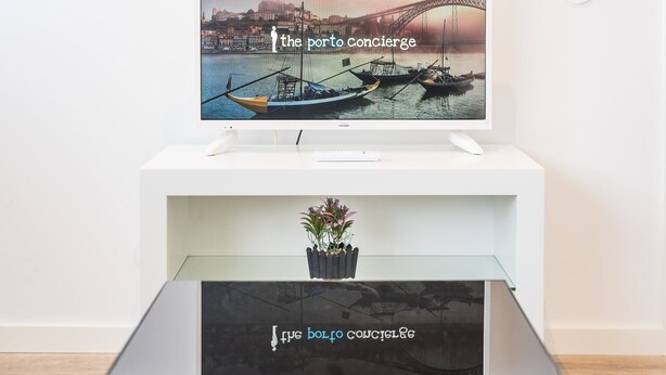 Televisão de tela plana em suporte branco exibindo uma vista panorâmica de um porto com barcos e uma ponte. Abaixo da TV, há uma mesa de centro de vidro com tampo preto e uma pequena planta em vaso.