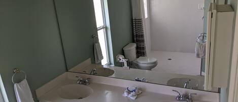 Un baño con dos lavamanos, un espejo grande y una cortina de ducha.