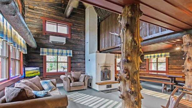 Un intérieur de chalet chaleureux avec une cheminée, des murs en bois et une grande souche d’arbre servant de pièce maîtresse.