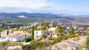 A coastal village with white houses, palm trees, and a view of the sea and mountains in the distance.