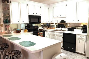 Fridge, microwave, dishwasher, coffee/tea maker