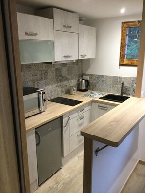 Réfrigérateur, micro-ondes, plaque de cuisson, cafetière/bouilloire