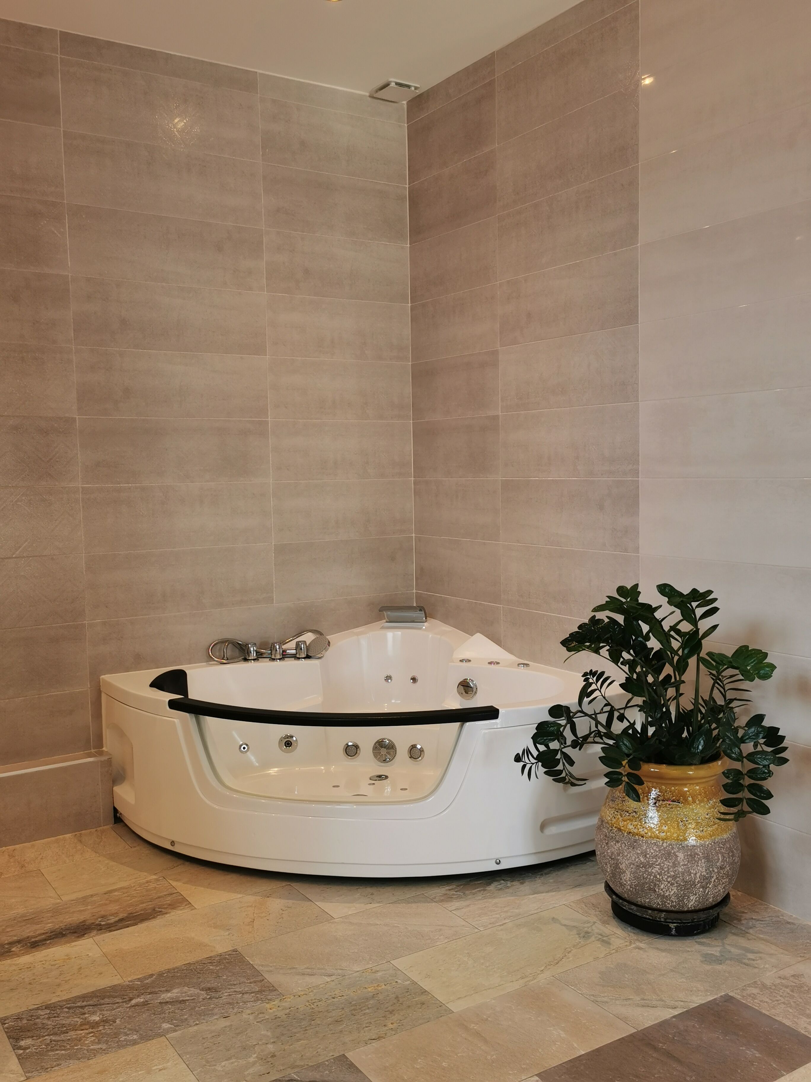 A modern bathroom with a freestanding bathtub, a potted plant, and a tiled floor.