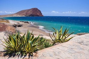 A coastal landscape with a rocky beach, clear blue sea, and a prominent mountain in the background. - To complete (Arona)