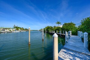 A wooden dock extending into calm water, surrounded by greenery and buildings.