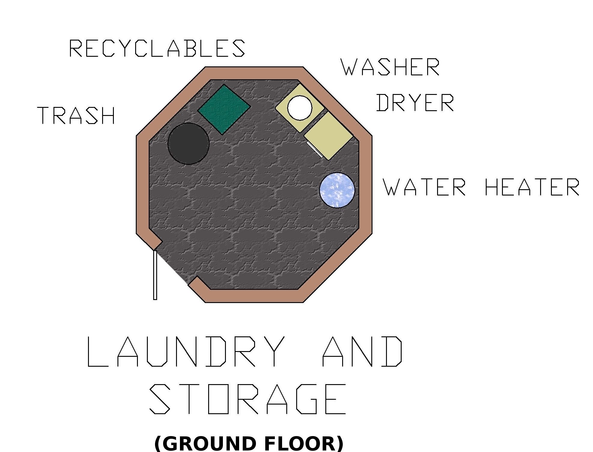 Une buanderie et une pièce de rangement dotées de compartiments étiquetés pour les matériaux recyclables, les déchets, un lave-linge-sèche-linge et un chauffe-eau.