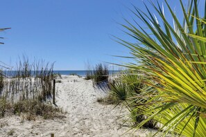 Un sentier de plage sablonneux, avec une végétation clairsemée et une vue dégagée sur l’océan.