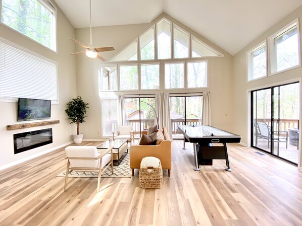 Smart TV, fireplace, video games, ping pong