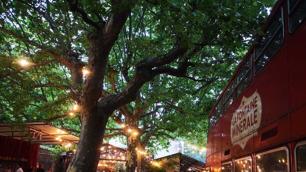 A red double-decker bus with 'LA FONTAINE MINERALE' written on it, parked under a tree with string lights. - Mas de Saudon (Soyans Auvergne-Rhône-Alpes)
