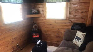 A cozy cabin interior with wooden walls, a fireplace, a sofa, and a dog.
