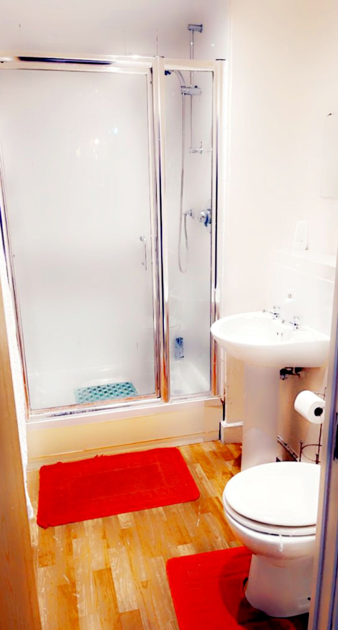 A bathroom with a glass-enclosed shower, a white sink, and a toilet.