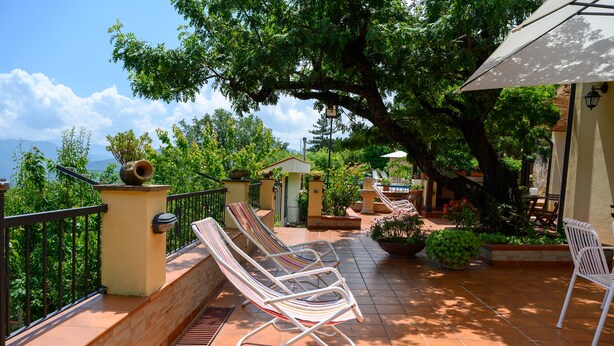 Une terrasse avec deux fauteuils blancs, une plante en pot et un petit bâtiment en arrière-plan.