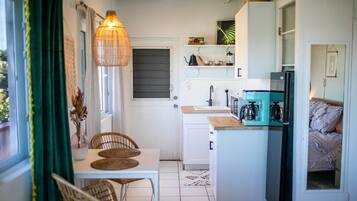 Fridge, microwave, coffee/tea maker, cookware/dishes/utensils