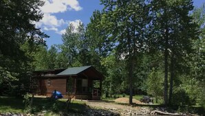 A cabin with a small porch and a shed, surrounded by trees and a stream.