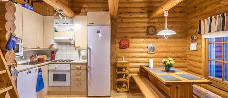 Fridge, microwave, dishwasher, cookware/dishes/utensils