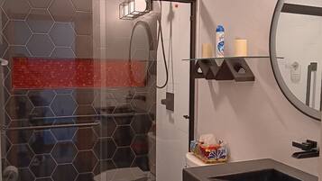 Shower, hair dryer, towels, toilet paper