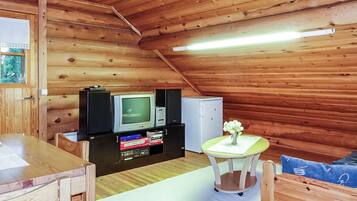 A wooden interior with a television, books, and a small table with a vase.