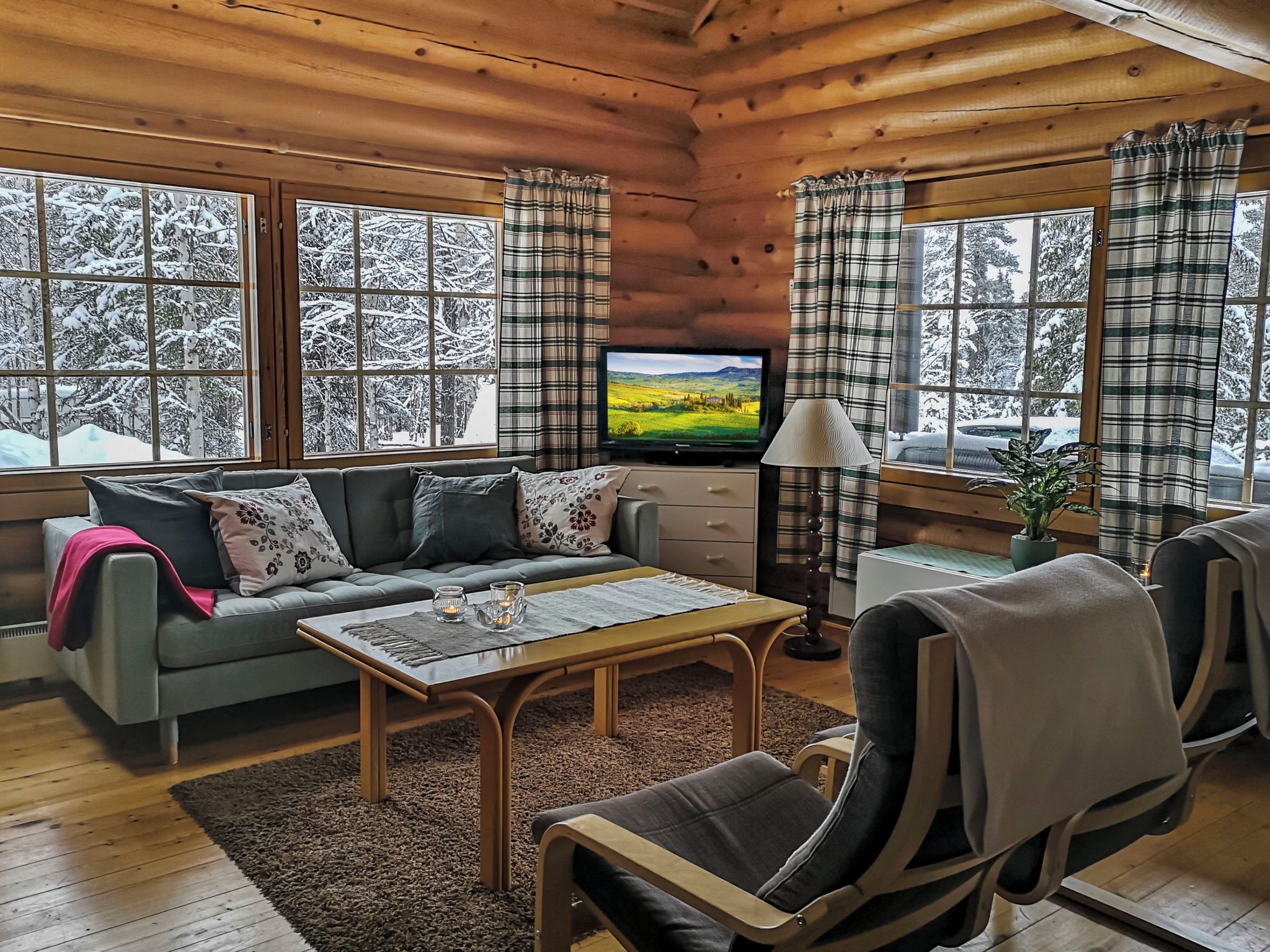 A cozy cabin interior with a sofa, coffee table, and TV.