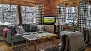 A cozy cabin interior with a sofa, coffee table, and TV.