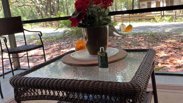Ein Korbtisch mit Glasplatte, ein Metallpflanzgefäß mit roten Blumen und eine Flasche Natripel auf einer Veranda mit Blick auf Bäume und ein Gebäude im Hintergrund.