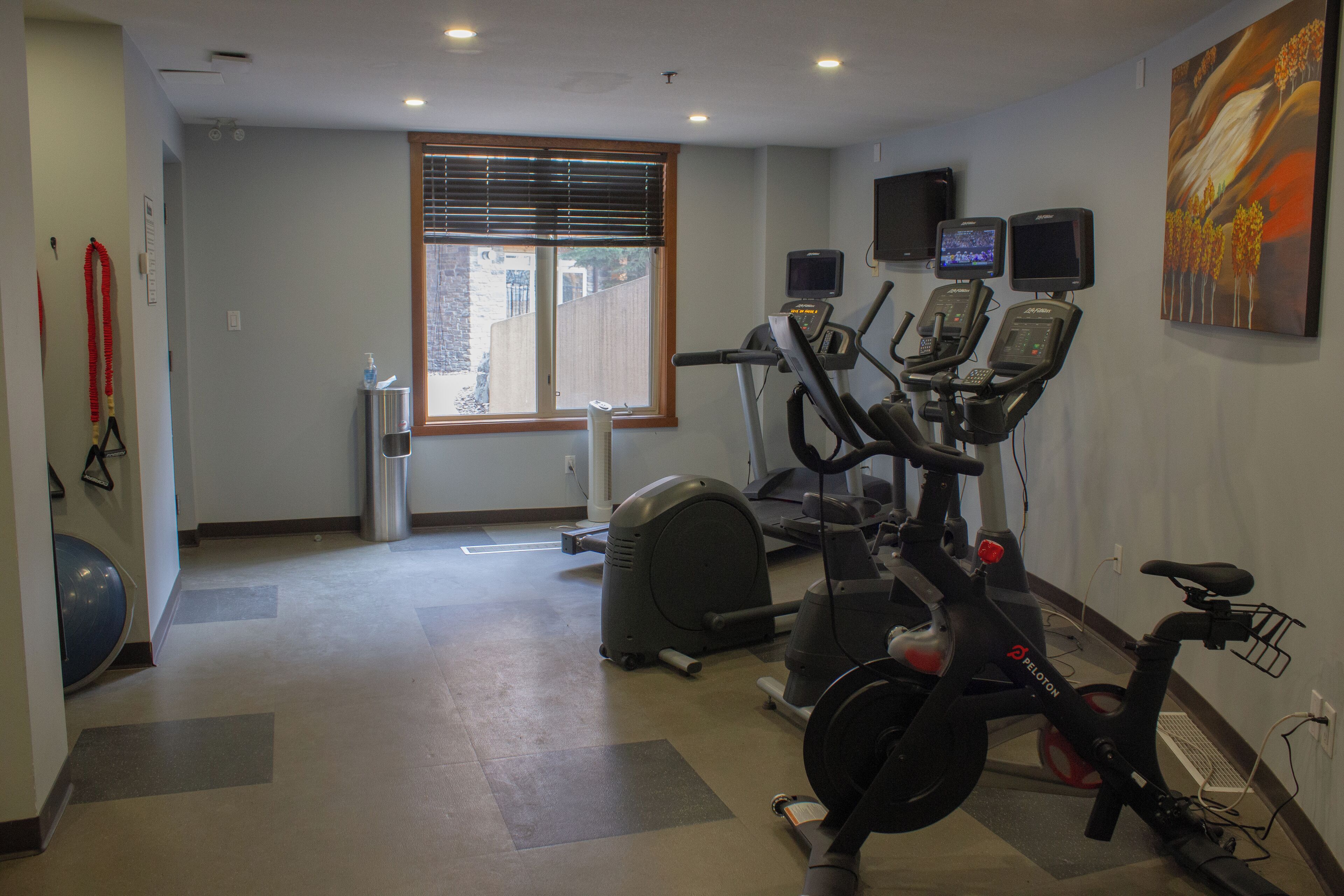 Una palestra con cyclette, tapis roulant e palle da ginnastica.