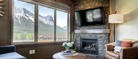 Smart TV, fireplace, books
