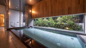 Una piscina interior moderna con barrera de vidrio, paneles de madera y vistas a zonas verdes.