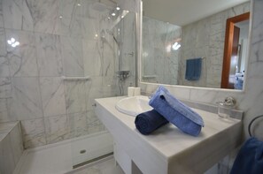 Shower, hair dryer, bidet, towels