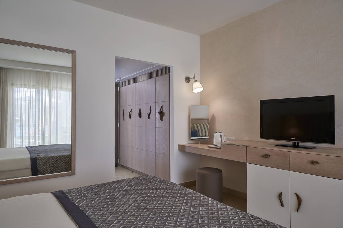 A hotel room with a bed, a TV, a mirror, a desk with a lamp, and a wardrobe.